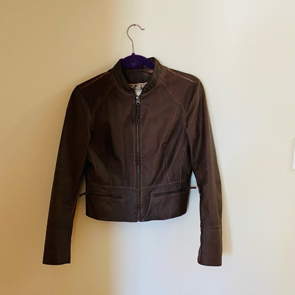 Faux leather bomber style jacket.